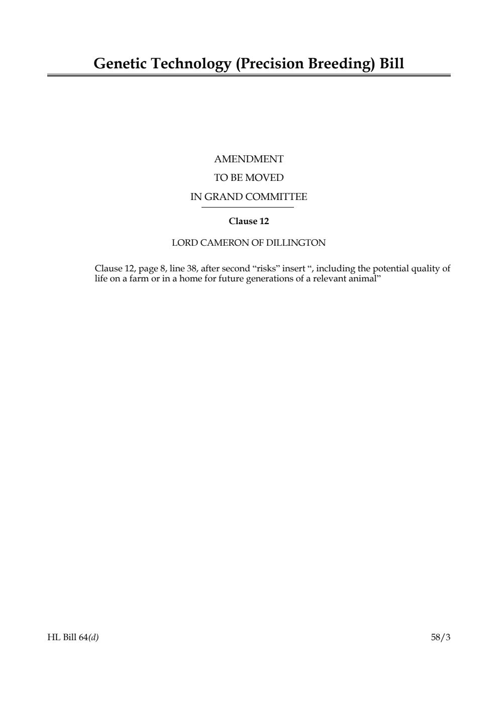 Genetic Technology (Precision Breeding) Bill Amendment to be moved in Grand Committee