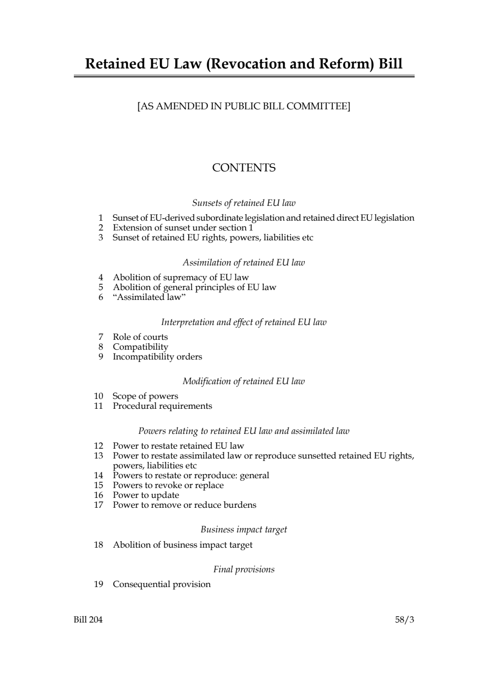 Retained EU Law (Revocation and Reform) Bill [as amended in Public Bill Committee]