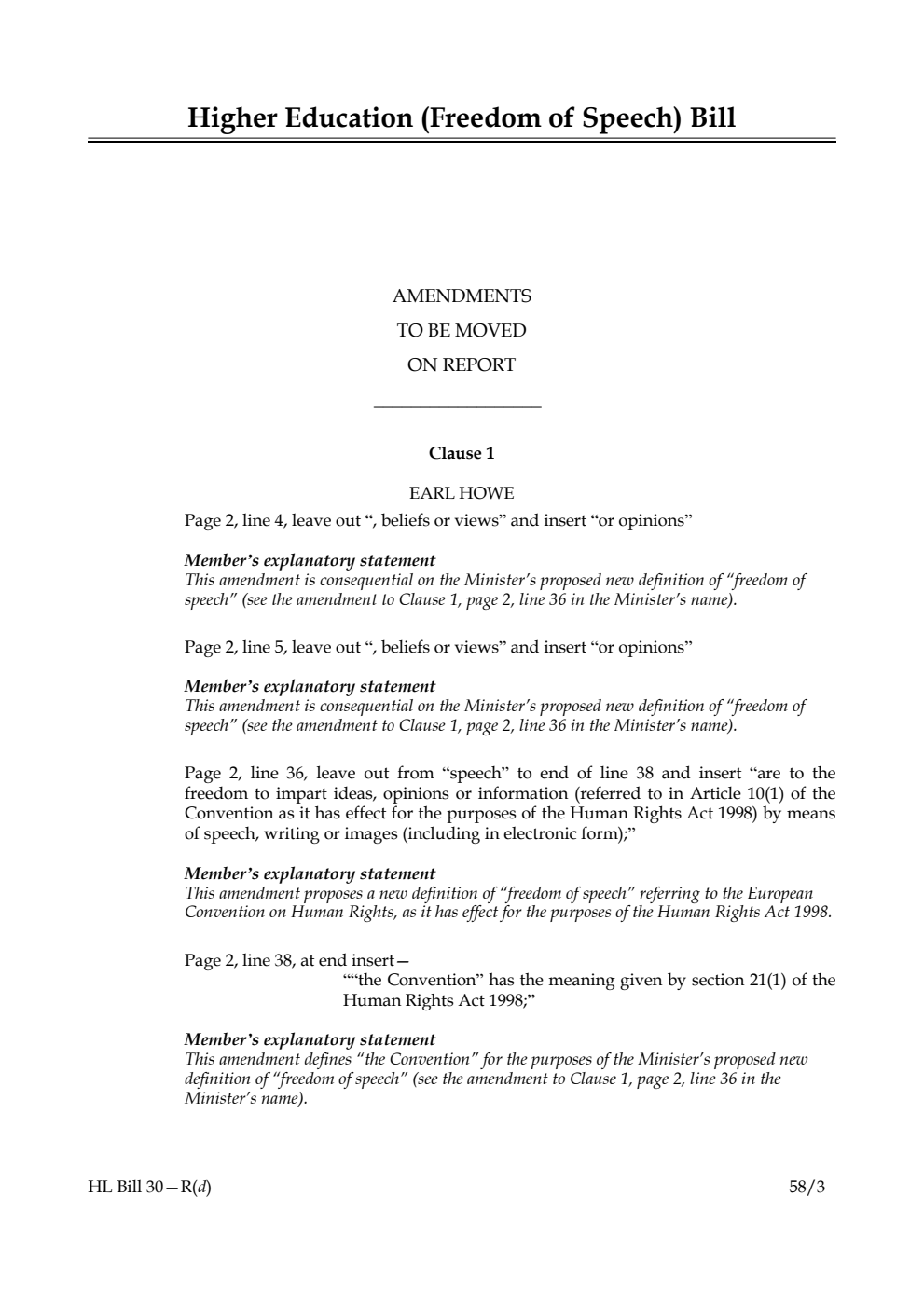 Higher Education (Freedom of Speech) Bill Amendments to be moved on Report