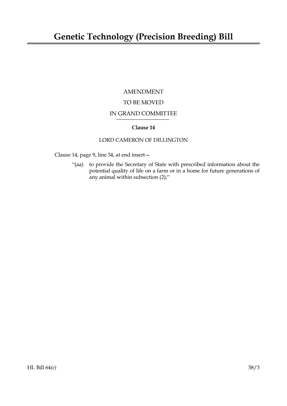 Genetic Technology (Precision Breeding) Bill Amendment to be moved in Grand Committee