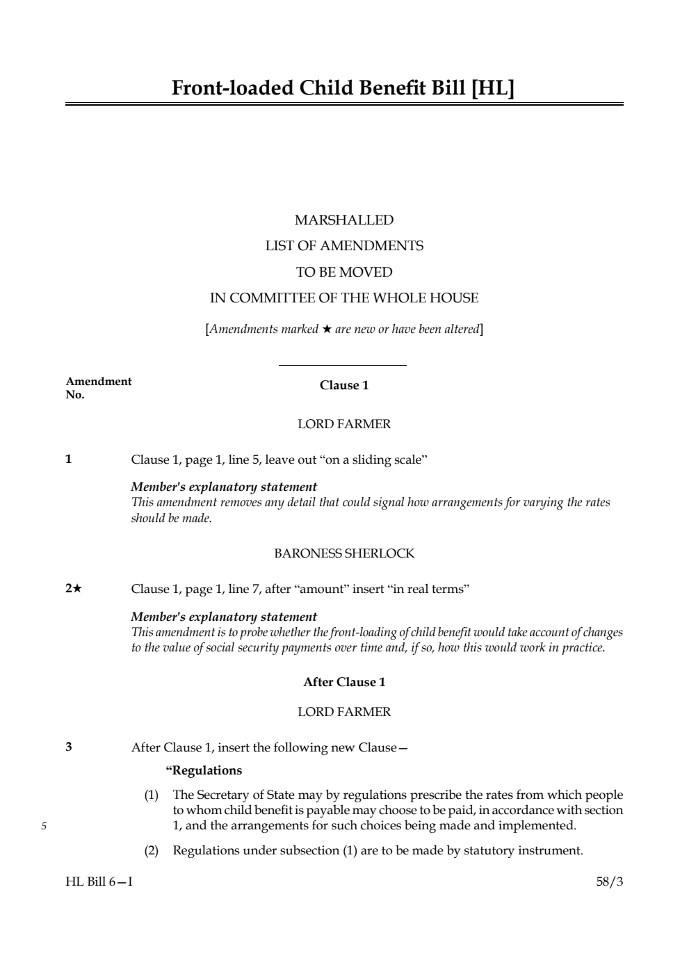 Front-loaded Child Benefit Bill Marshalled List of Amendments to be moved in Committee of the Whole House