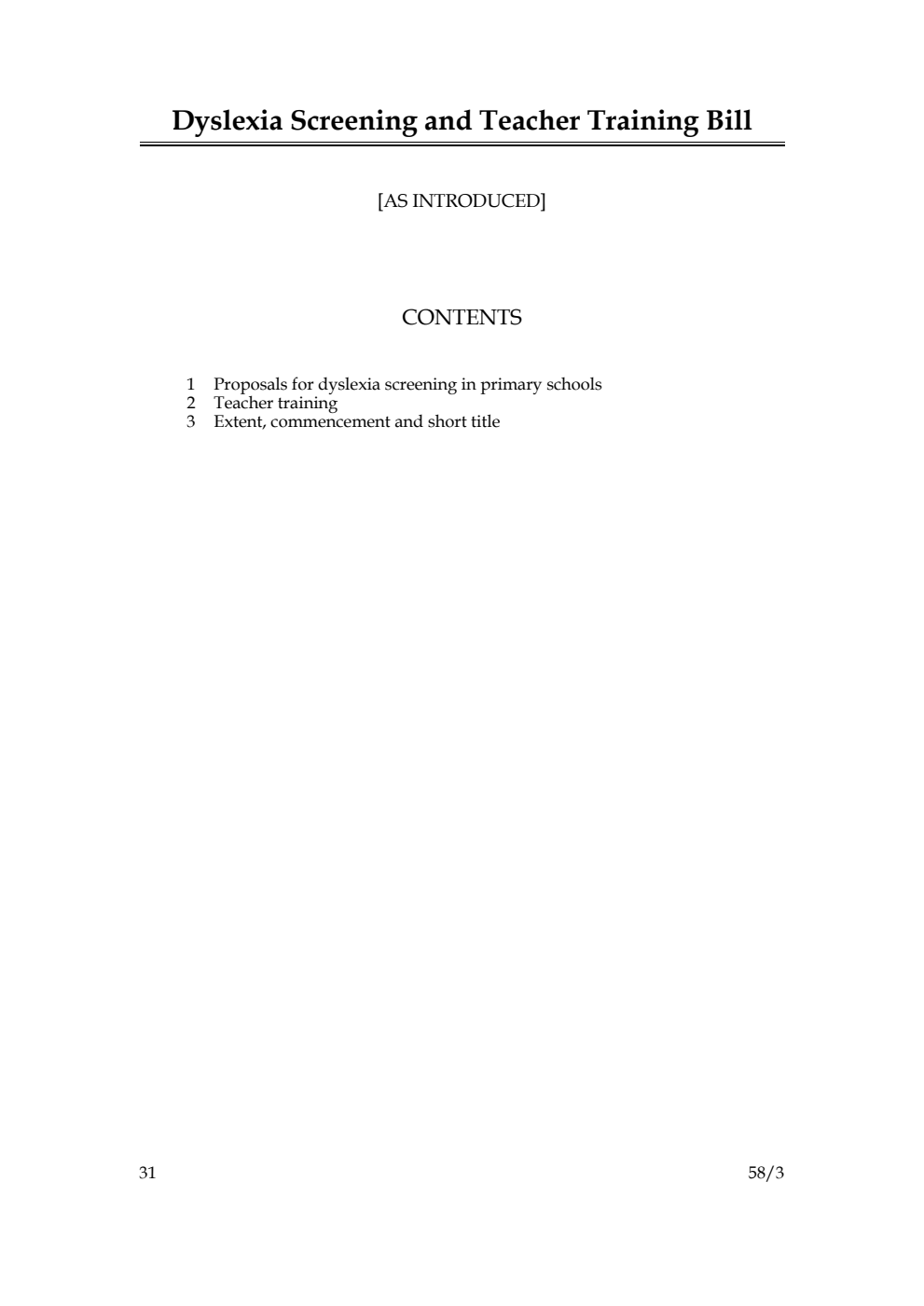 Dyslexia Screening and Teacher Training Bill