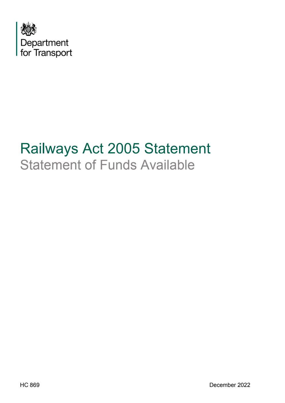 Railways Act 2005 Statement: Statement of Funds Available. December 2022