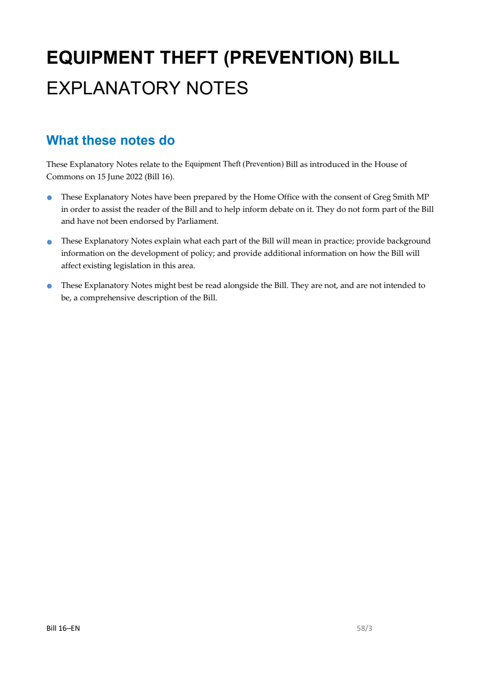 Equipment Theft (Prevention) Bill Explanatory Notes