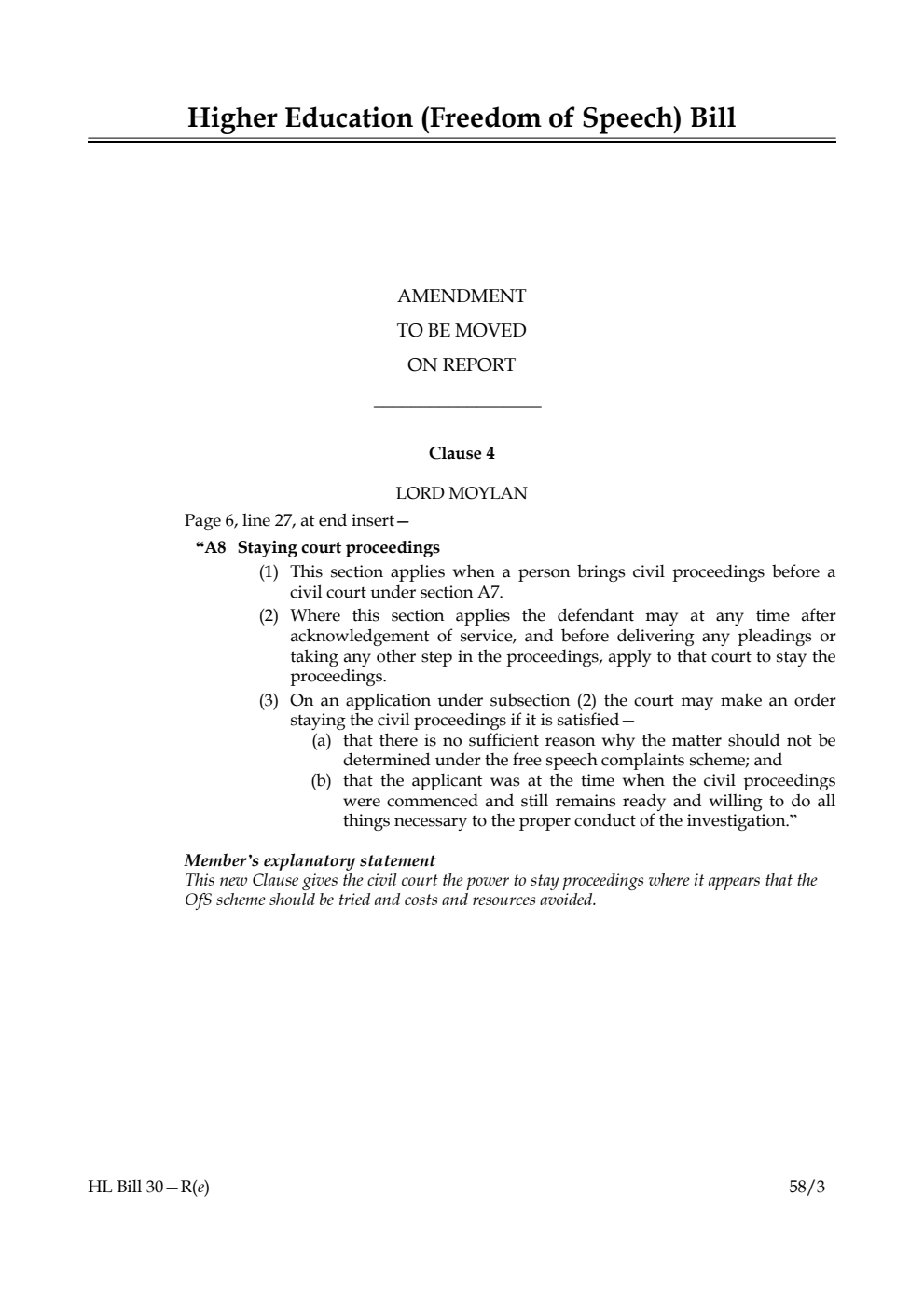 Higher Education (Freedom of Speech) Bill Amendment to be moved on Report