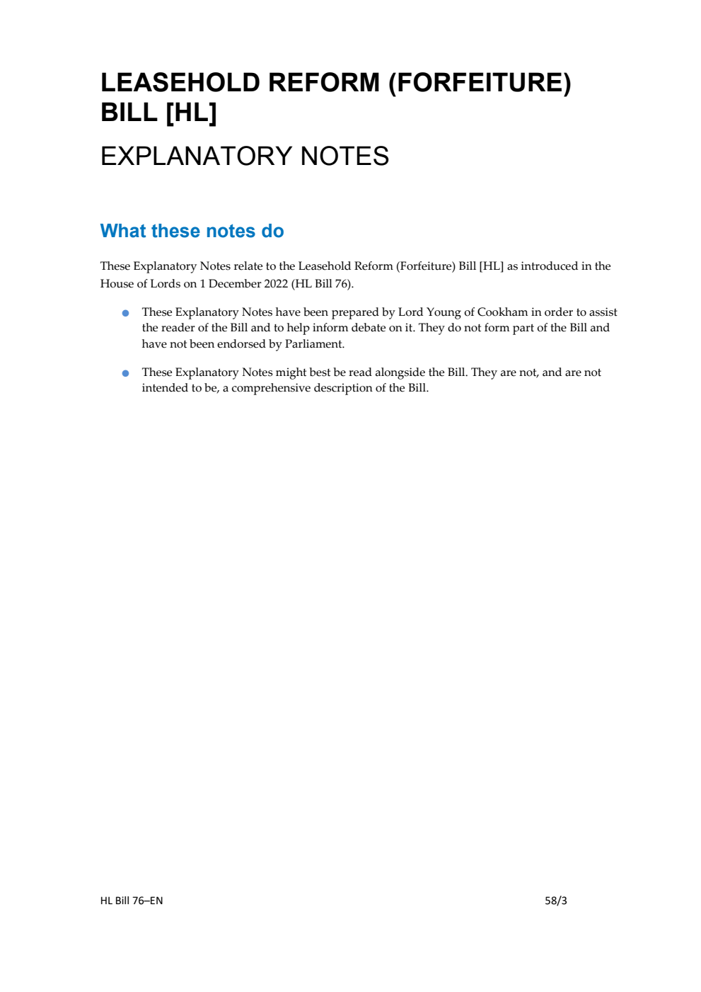 Leasehold Reform (Forfeiture) Bill Explanatory Notes
