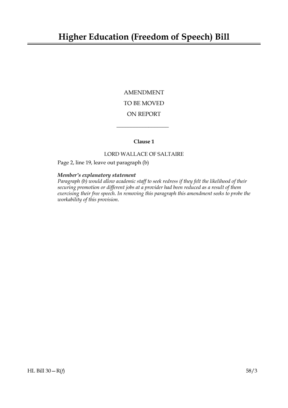 Higher Education (Freedom of Speech) Bill Amendment to be moved on Report