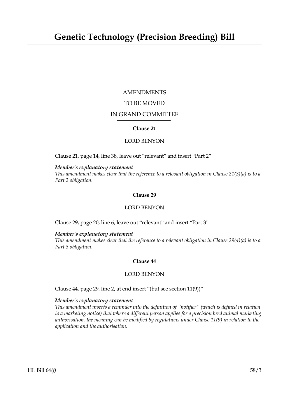 Genetic Technology (Precision Breeding) Bill Amendments to be moved in Grand Committee