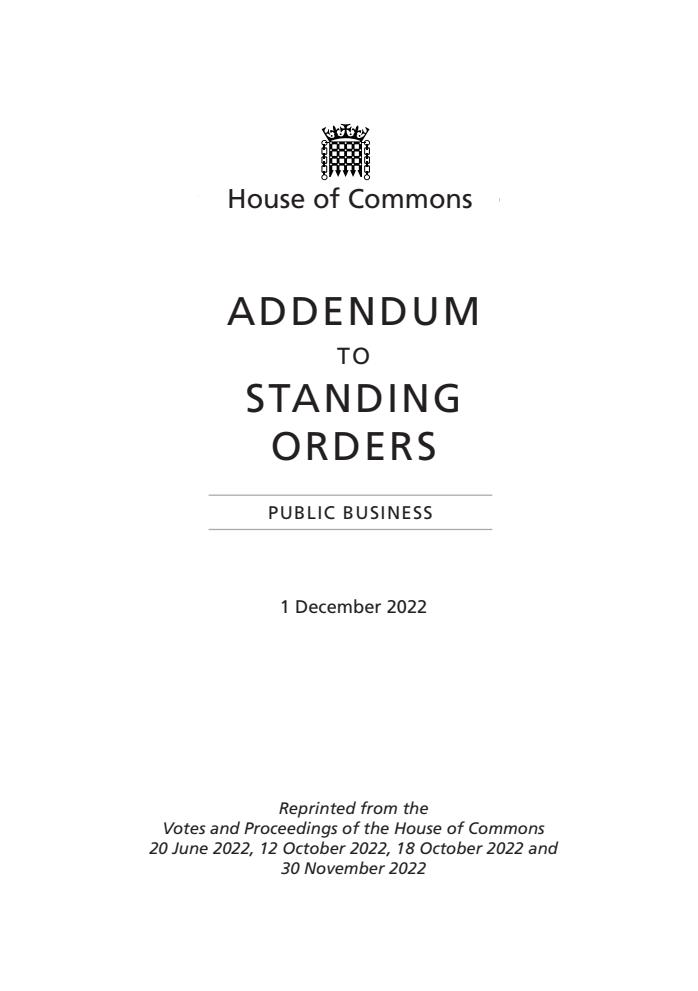 Addendum to the Standing Orders of the House of Commons Relating to Public Business 2021, 1 December 2022