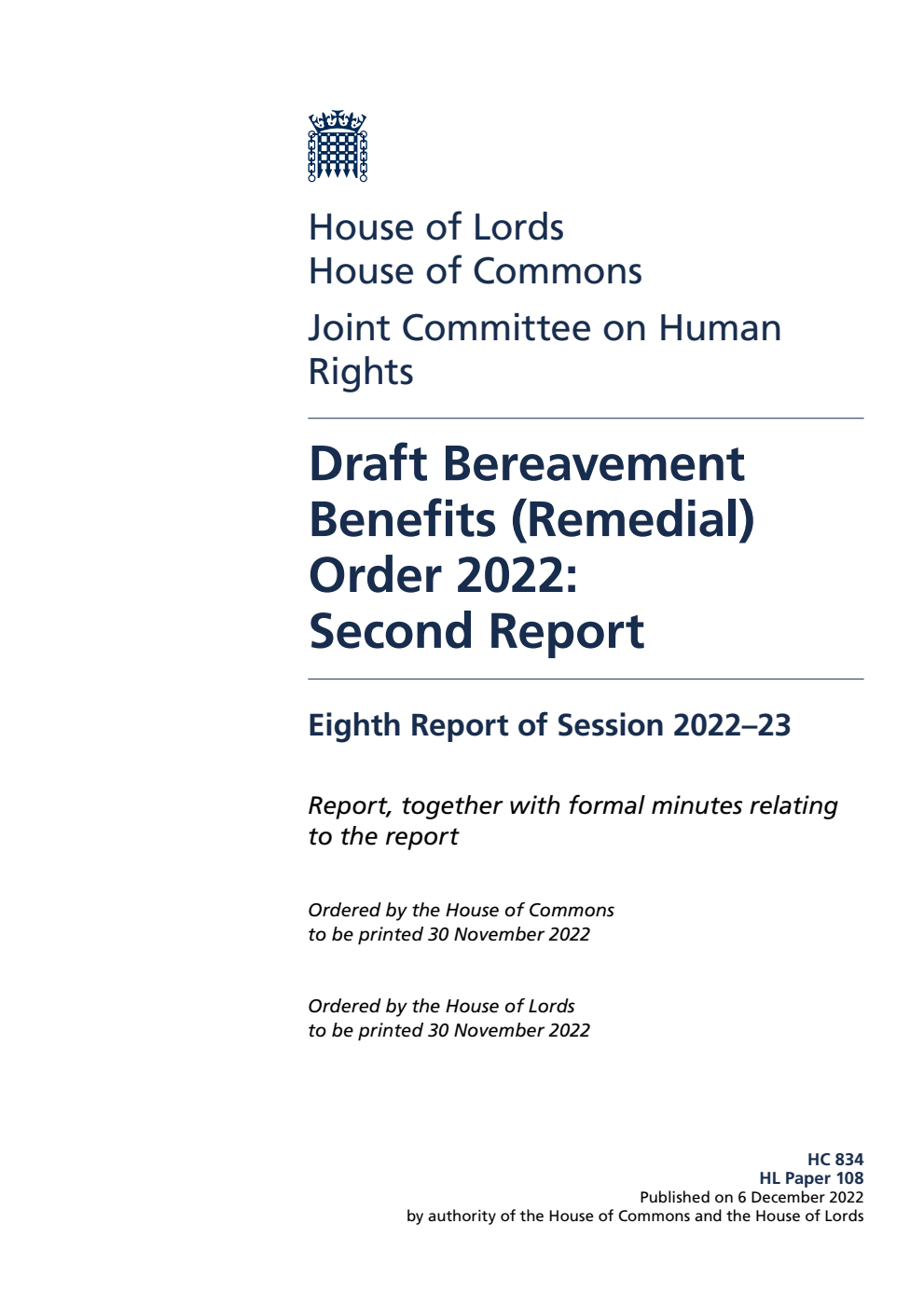 Human Rights Joint Committee 8th Report. Draft Bereavement Benefits (Remedial) Order 2022: Second Report Volume 1. Report