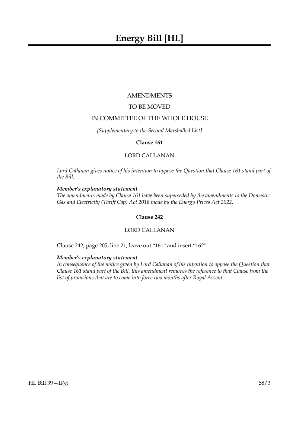 Energy Bill Amendments to be moved in Committee of the Whole House [Supplementary to the Second Marshalled List]