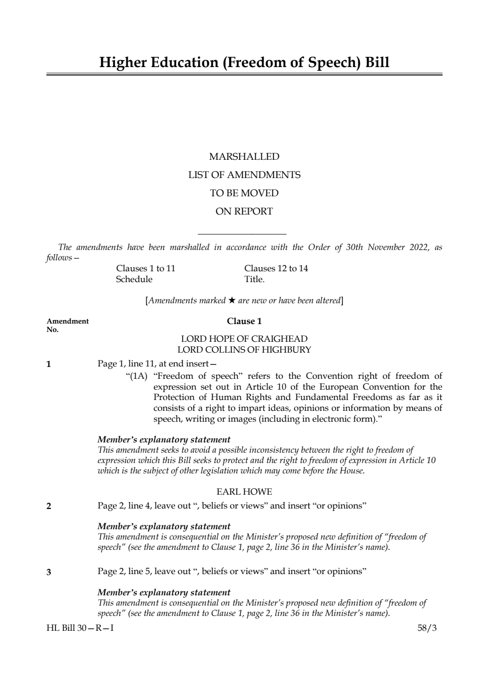 Higher Education (Freedom of Speech) Bill Marshalled List of Amendments to be moved on report