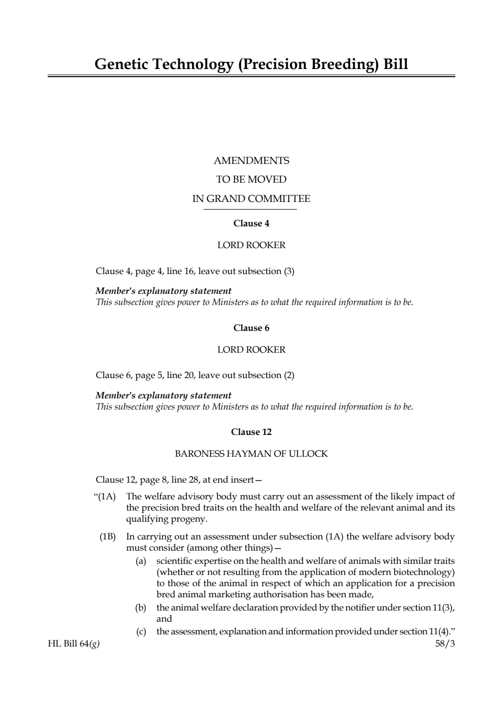 Genetic Technology (Precision Breeding) Bill Amendments to be moved in Grand Committee