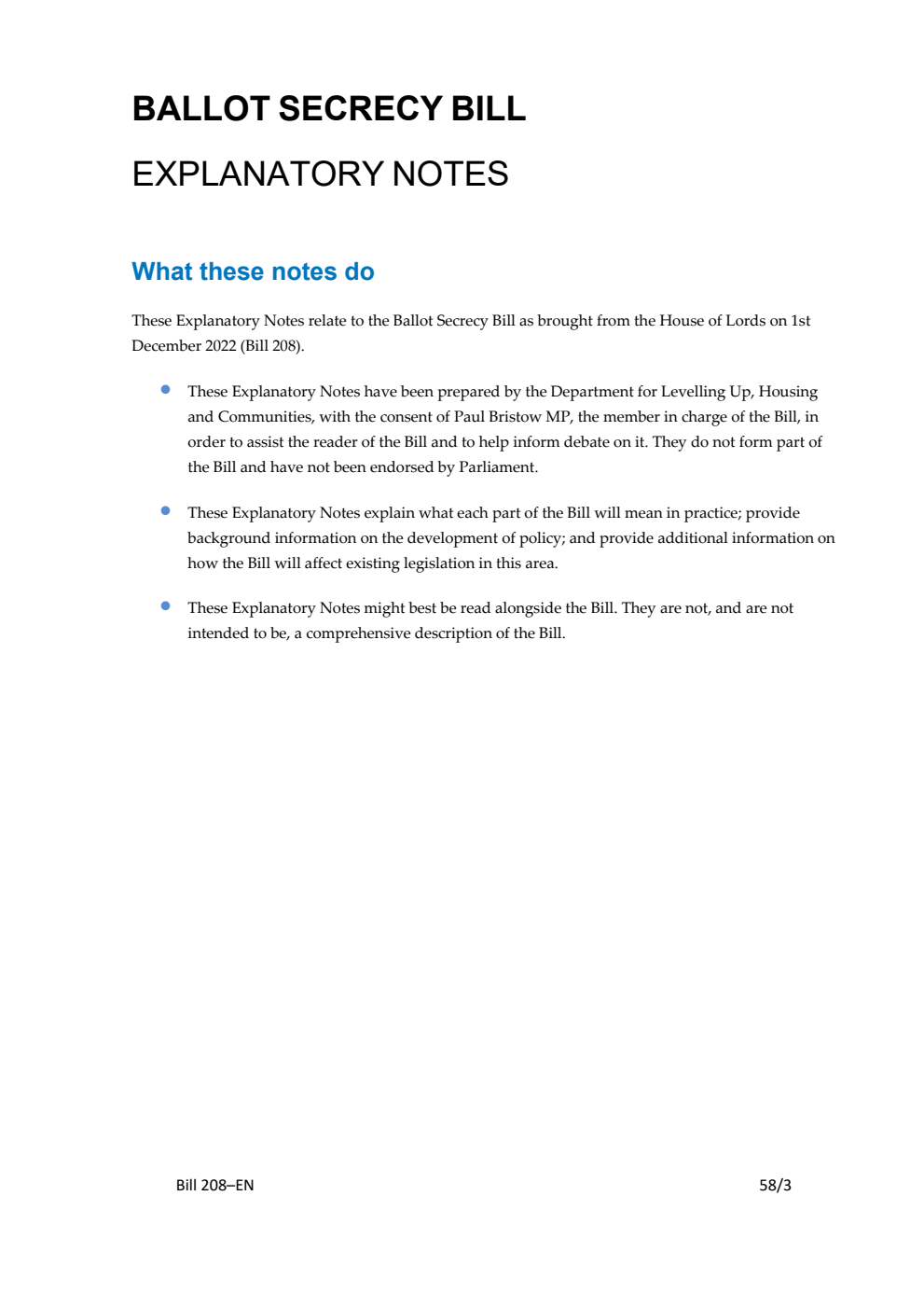 Ballot Secrecy Bill Explanatory Notes