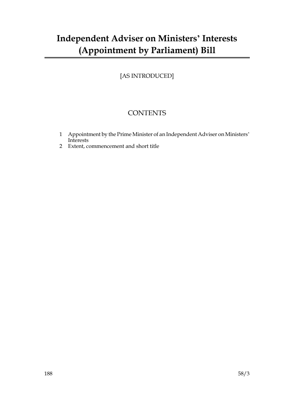 Independent Adviser on Ministers’ Interests (Appointment by Parliament) Bill