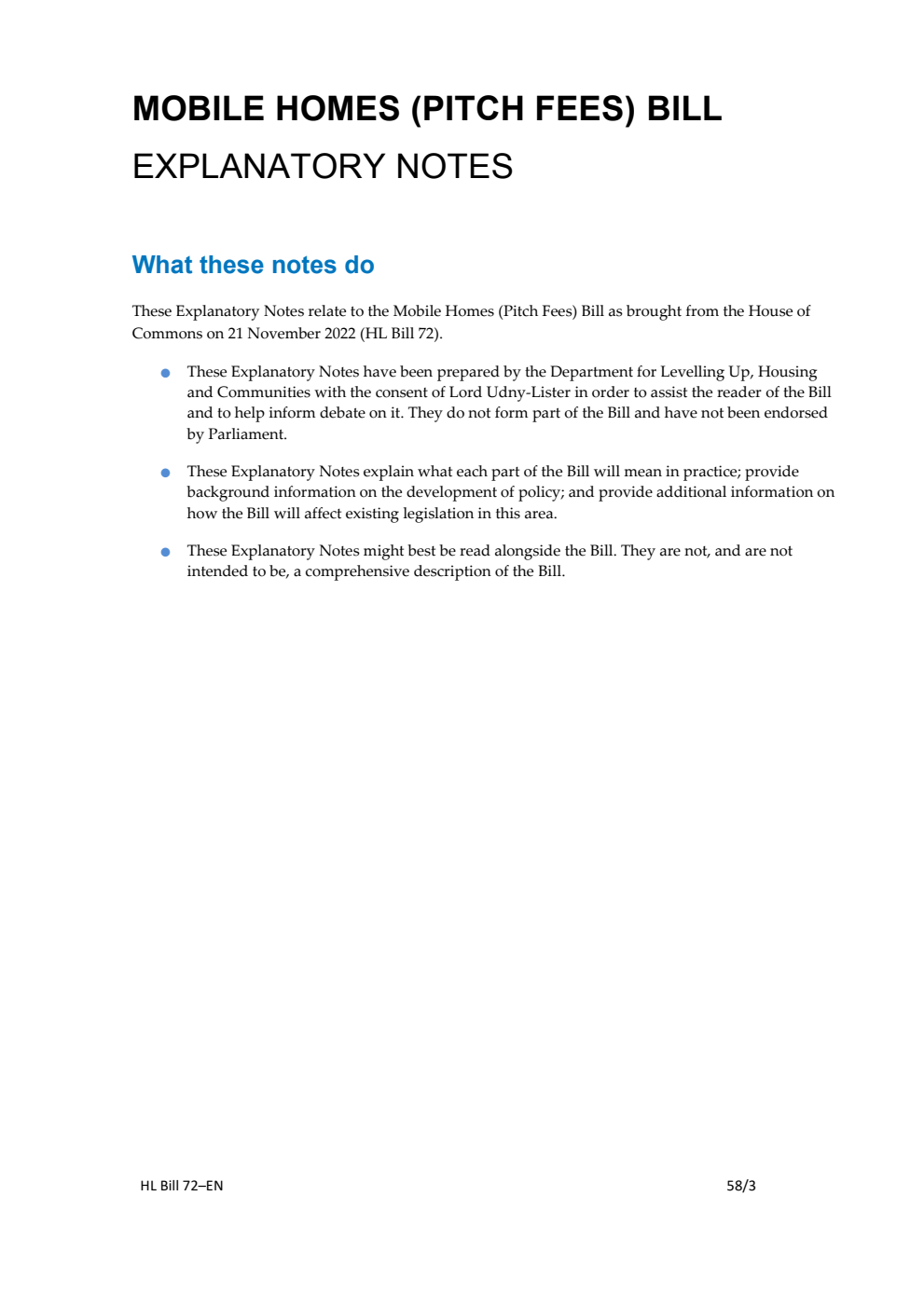 Mobile Homes (Pitch Fees) Bill Explanatory Notes