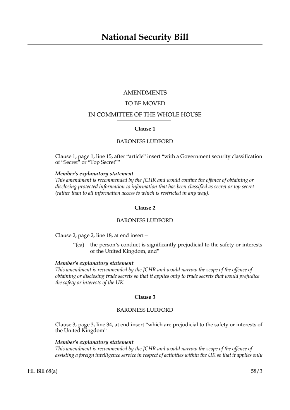 National Security Bill Amendments to be moved in Committee of the Whole House