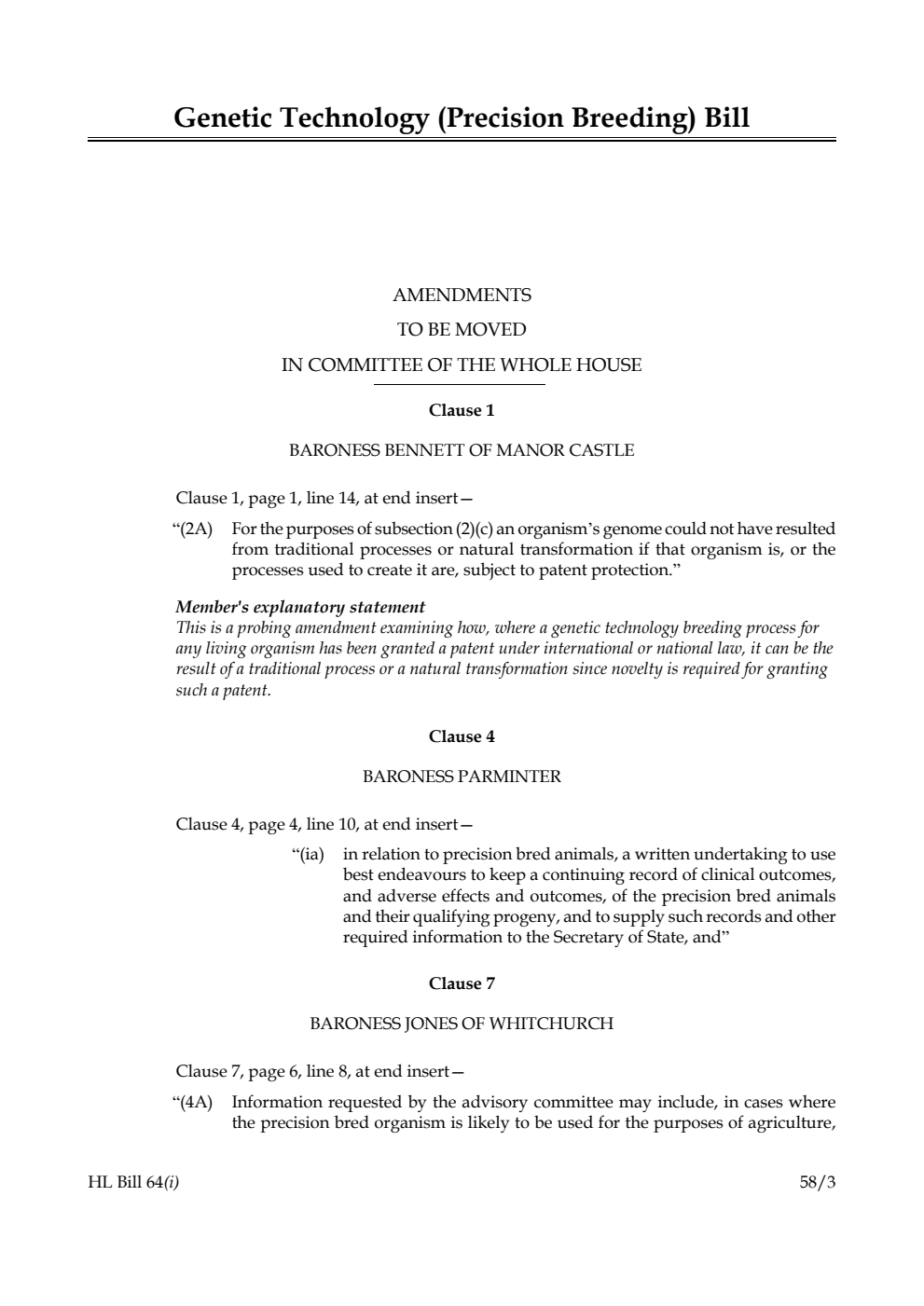 Genetic Technology (Precision Breeding) Bill Amendments to be moved in Committee of the Whole House