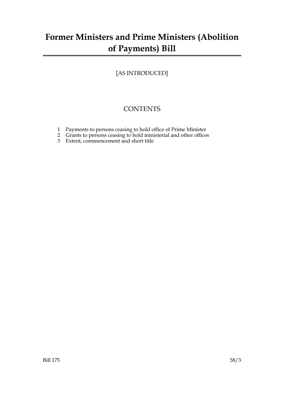 Former Ministers and Prime Ministers (Abolition of Payments) Bill