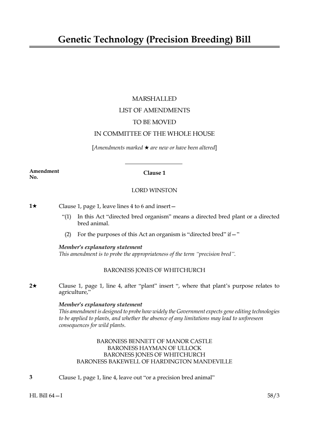 Genetic Technology (Precision Breeding) Bill Marshalled List of Amendments to be moved in Committee of the Whole House