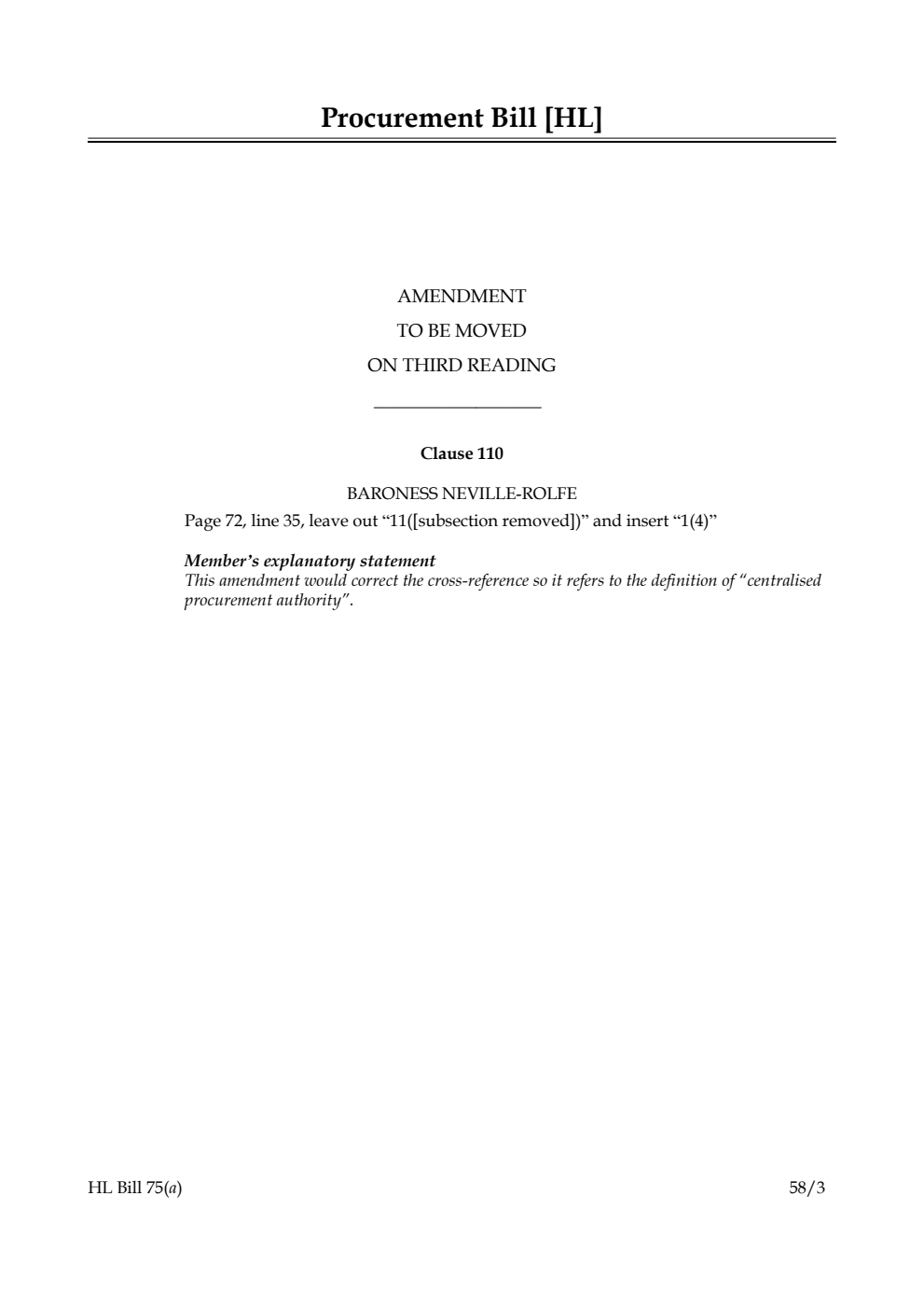 Procurement Bill Amendment to be moved on third reading