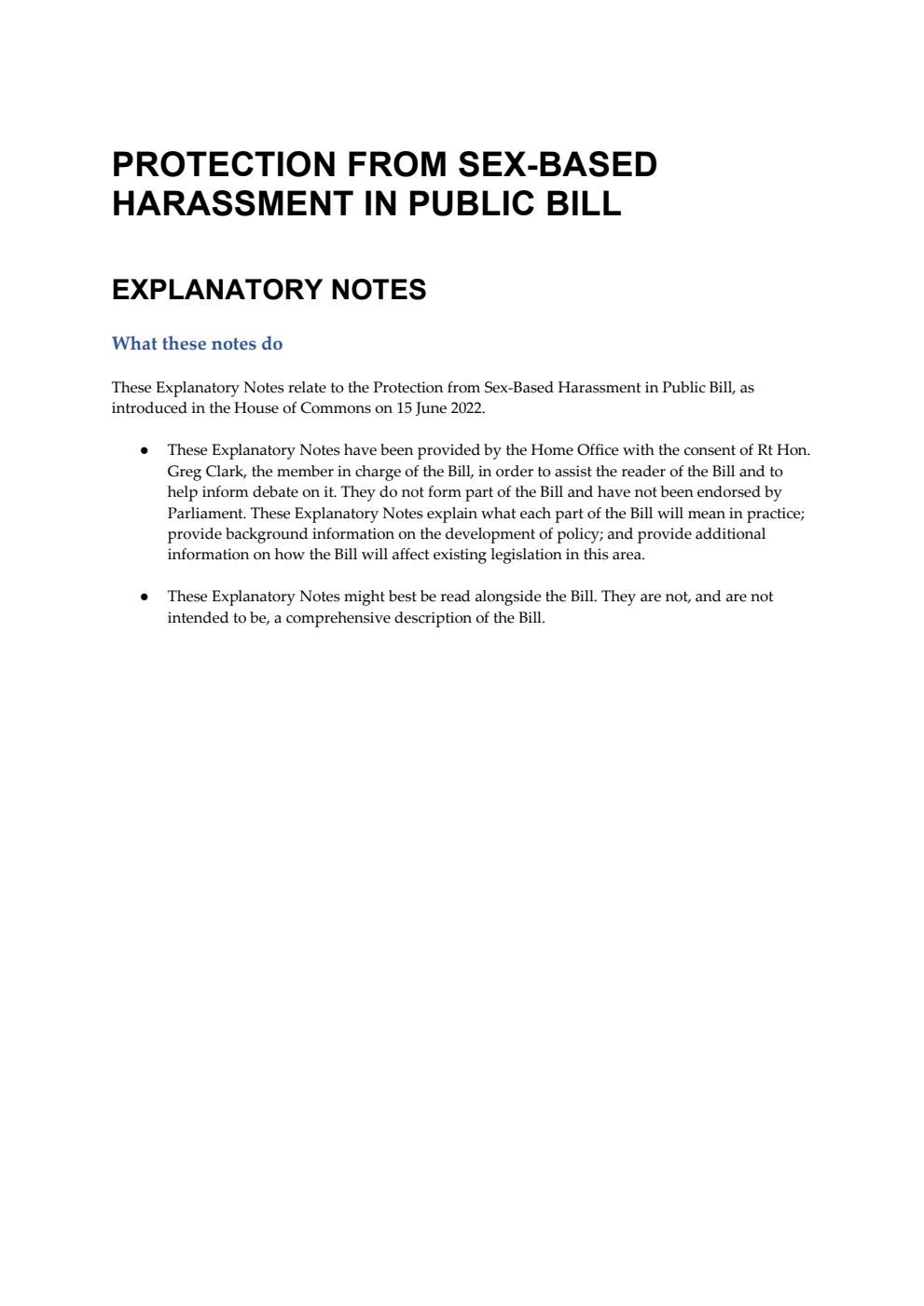 Protection from Sex-based Harassment in Public Bill Explanatory Notes