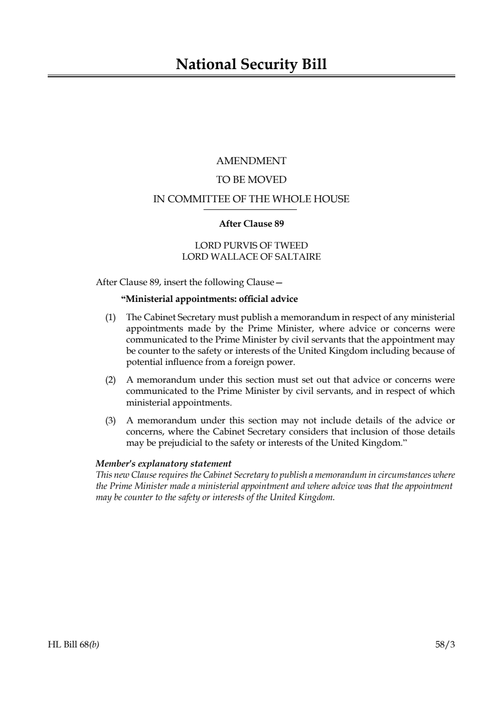 National Security Bill Amendment to be moved in Committee of the Whole House