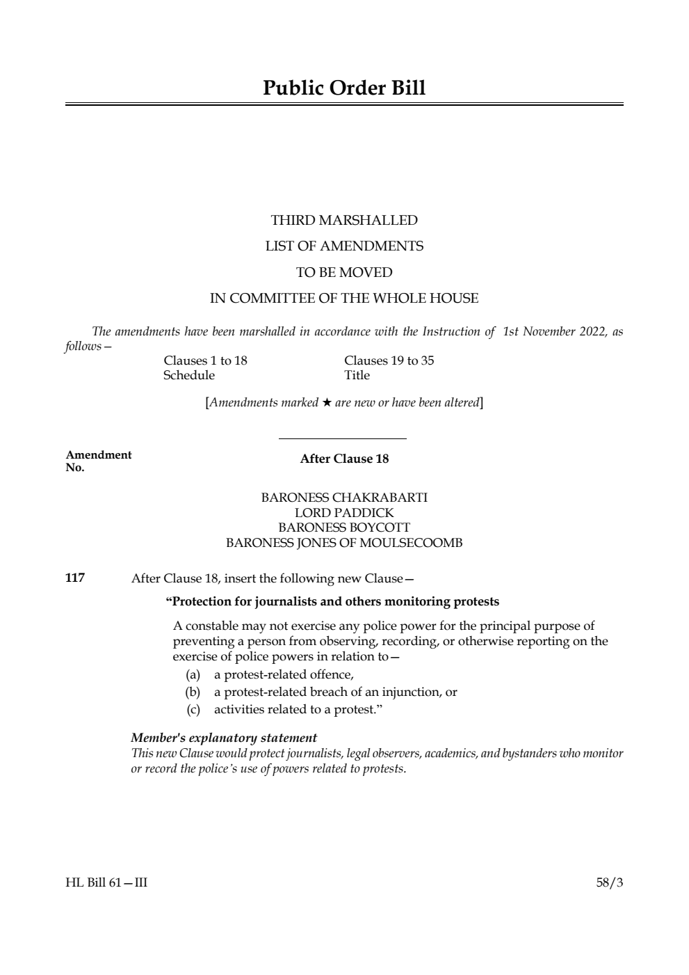 Public Order Bill Third Marshalled List of Amendments to be moved in Committee of the Whole House