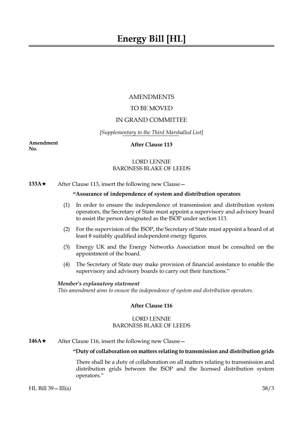 Energy Bill Amendments to be moved in Grand Committee [Supplementary to the Third Marshalled List]