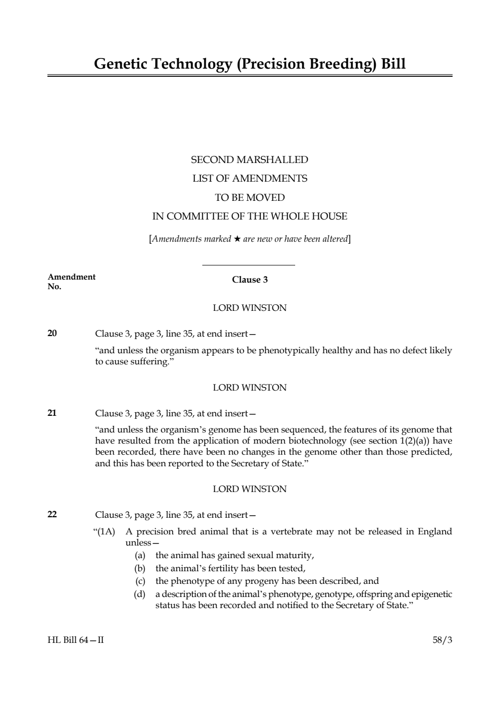 Genetic Technology (Precision Breeding) Bill Second Marshalled List of Amendments to be moved in Committee of the Whole House