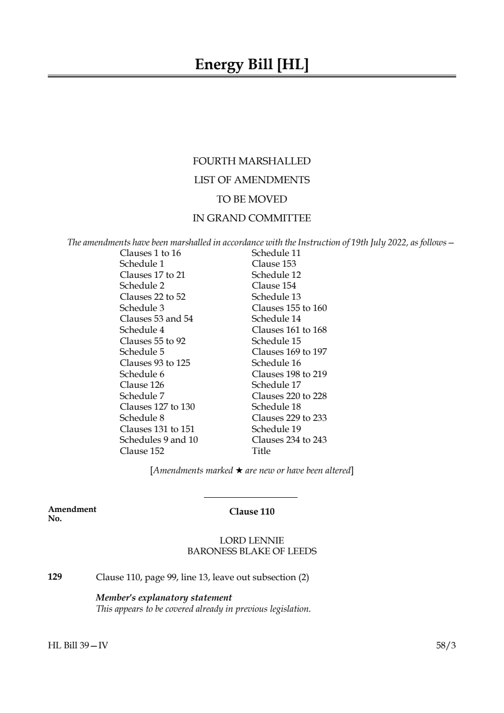 Energy Bill Fourth Marshalled List of Amendments to be moved in Grand Committee