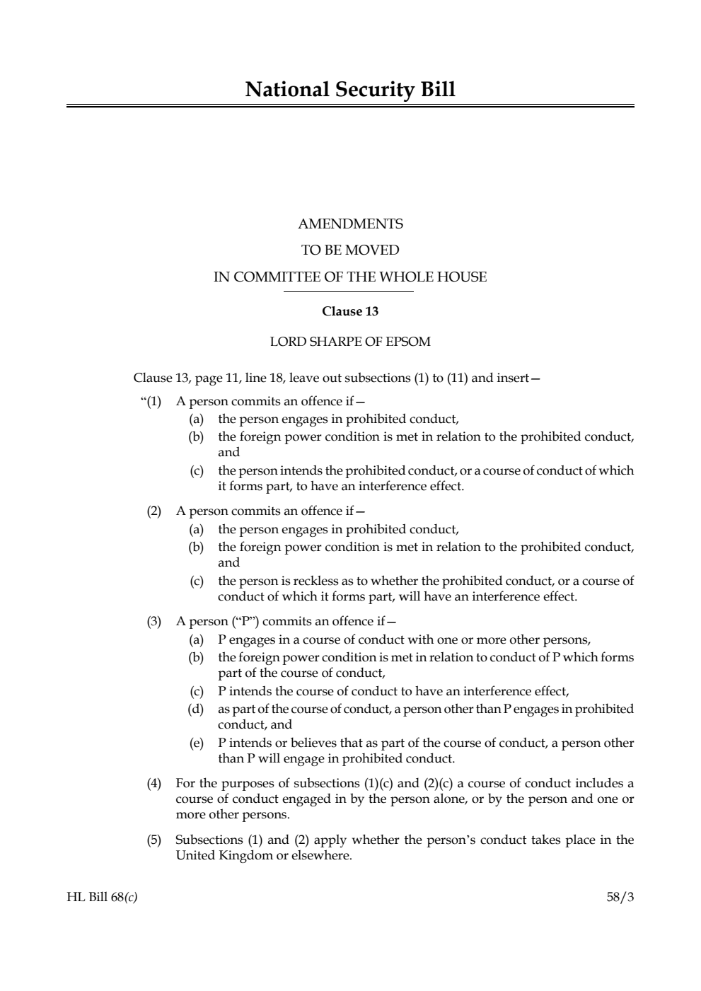 National Security Bill Amendments to be moved in Committee of the Whole House
