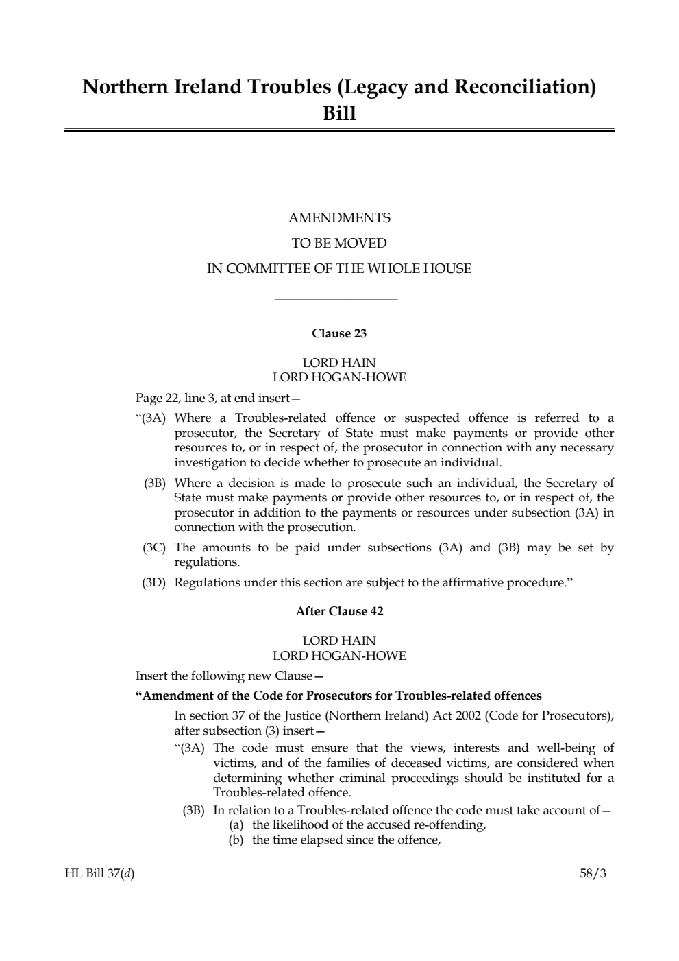 Northern Ireland Troubles (Legacy and Reconciliation) Bill Amendments to be moved in Committee of the Whole House