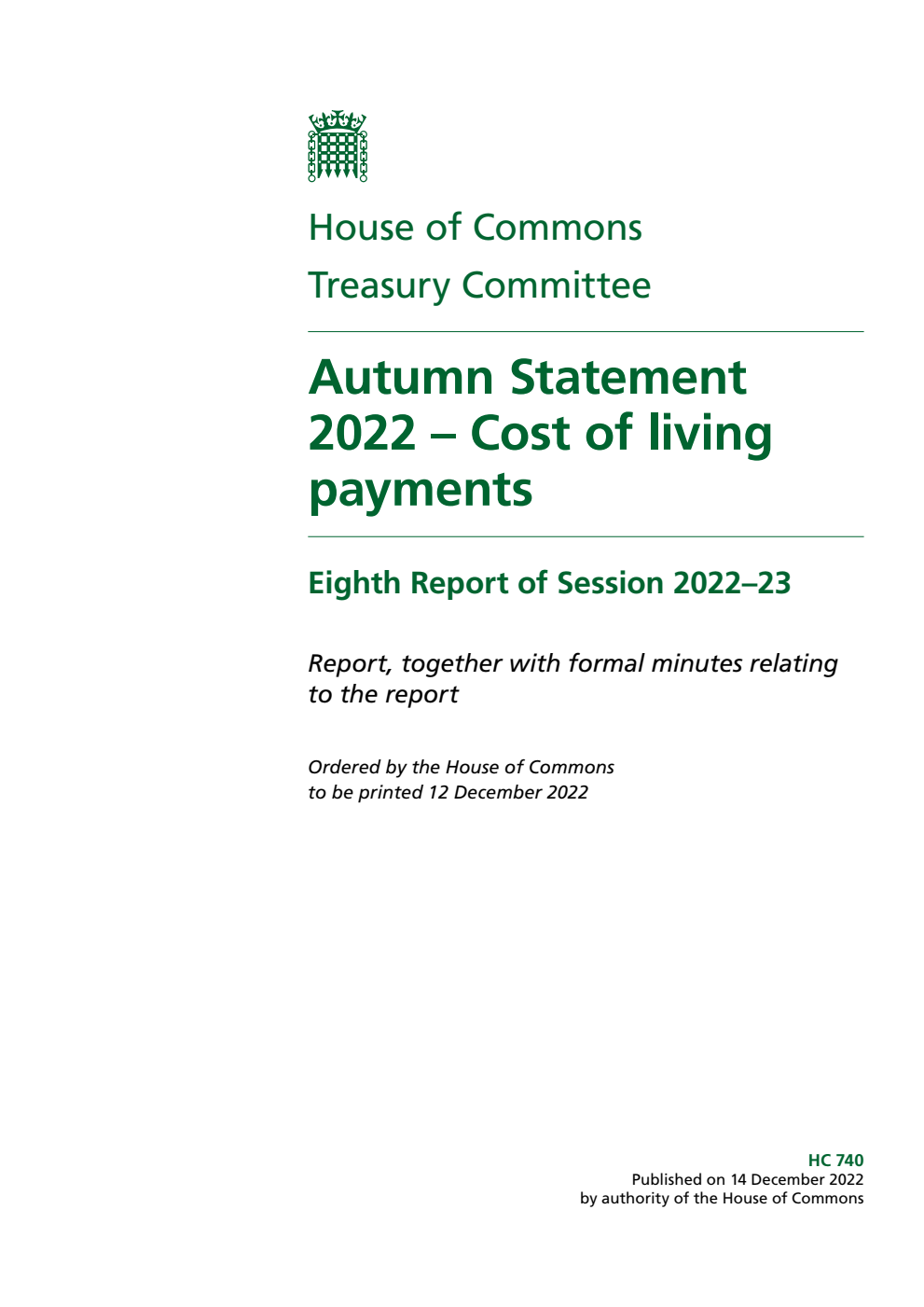 Treasury Committee 8th Report. Autumn Statement 2022 – Cost of living payments