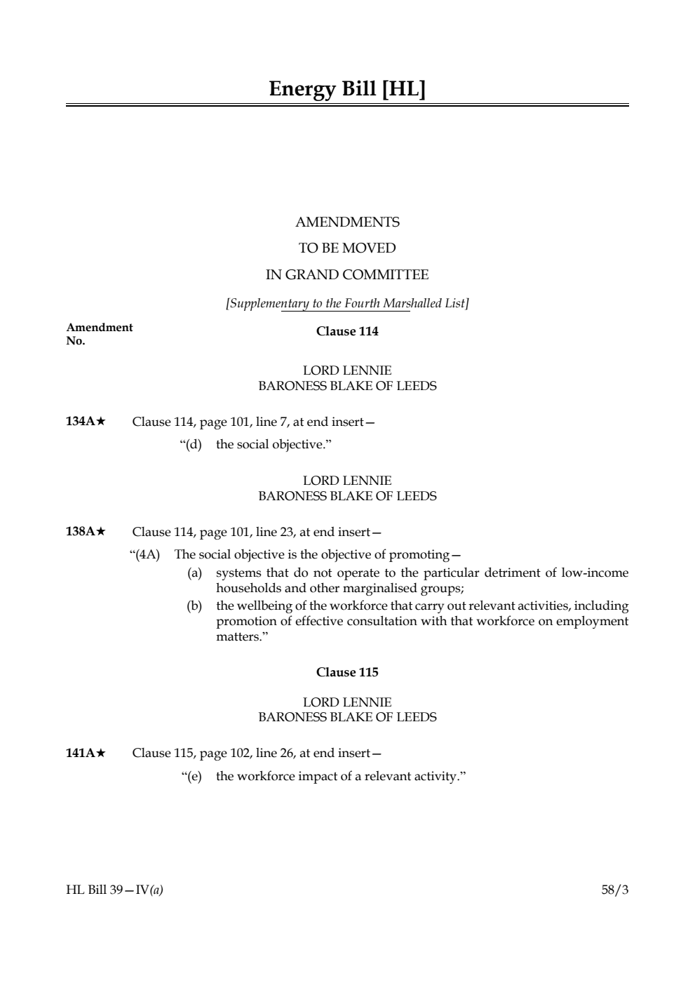 Energy Bill Amendments to be moved in Grand Committee [Supplementary to the Fourth Marshalled List]