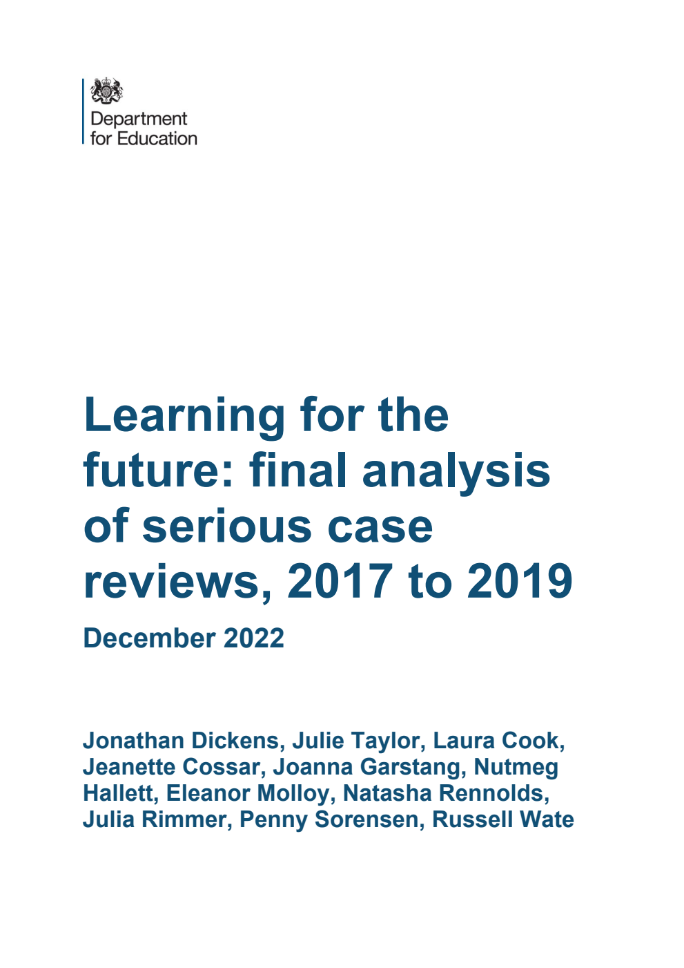 DFE-RR1283 Learning for the future: final analysis of serious case reviews, 2017 to 2019. December 2022