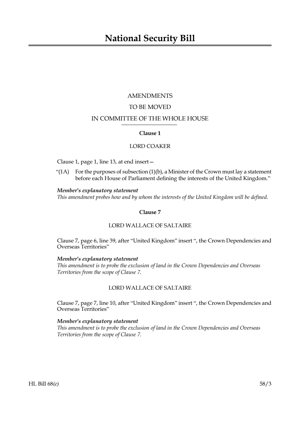 National Security Bill Amendments to be moved in Committee of the Whole House