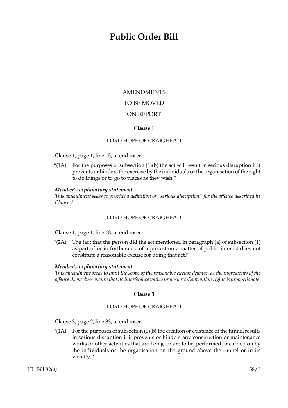 Public Order Bill Amendments to be moved on Report