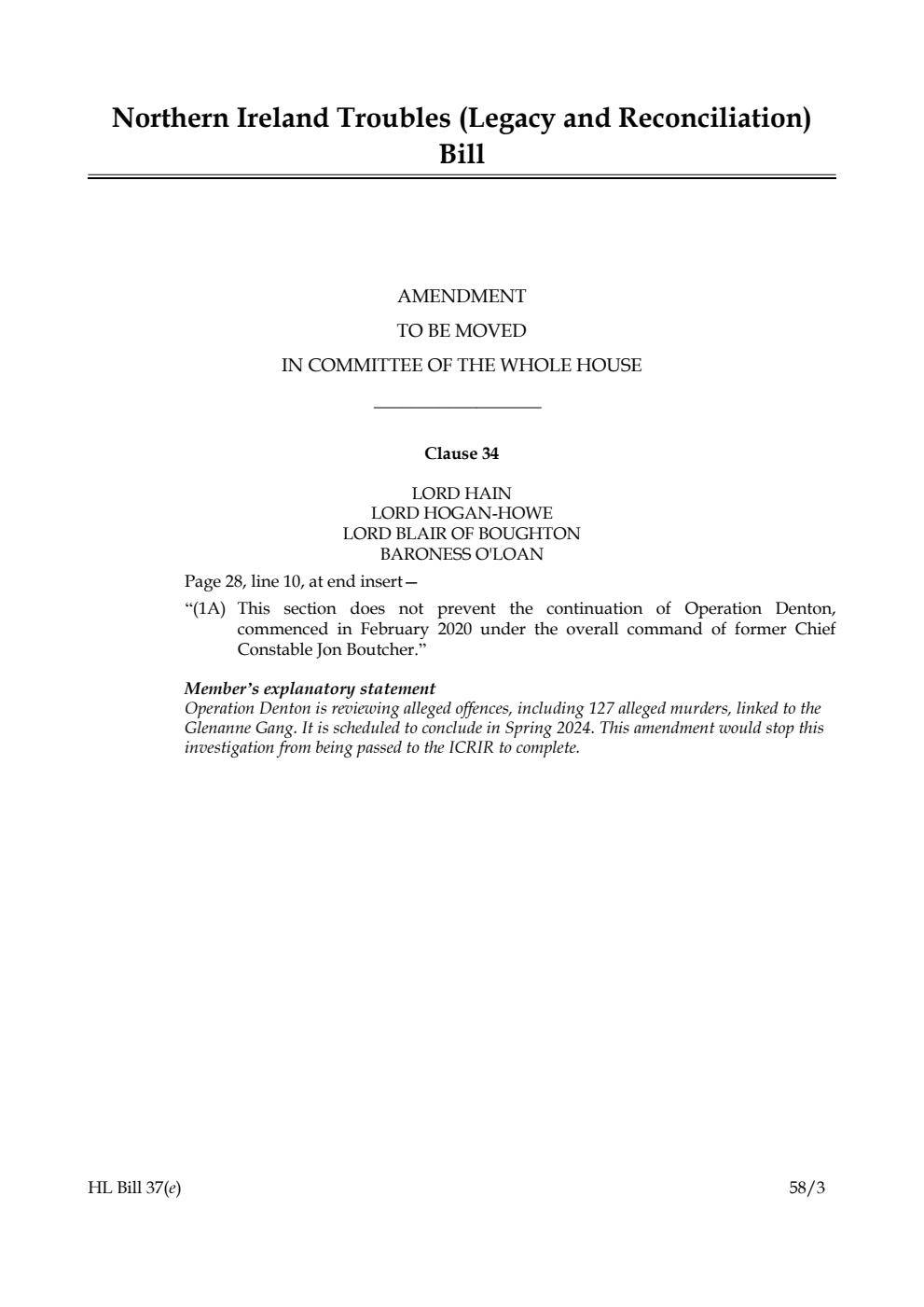 Northern Ireland Troubles (Legacy and Reconciliation) Bill Amendment to be moved in Committee of the Whole House