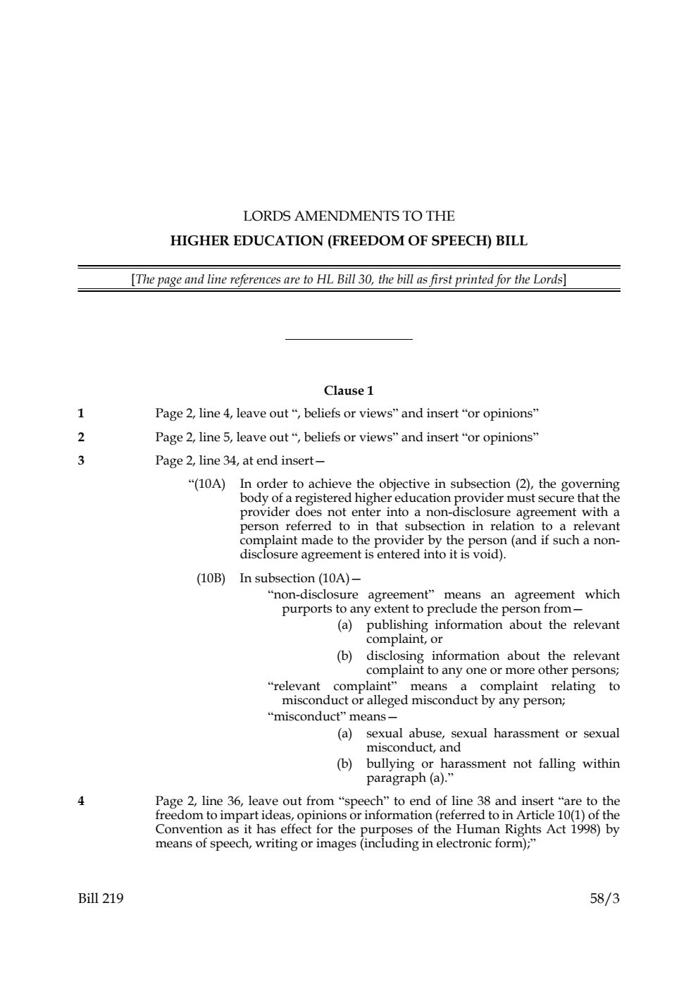 Lords Amendments to the Higher Education (Freedom of Speech) Bill