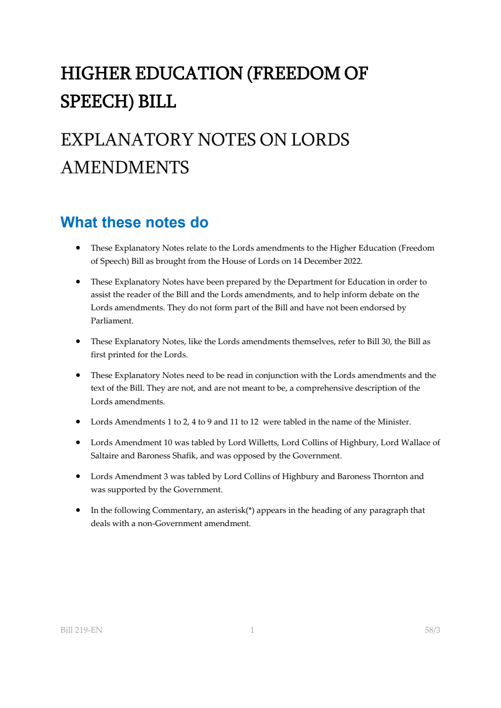 Higher Education (Freedom of Speech) Bill Explanatory Notes on Lords Amendments
