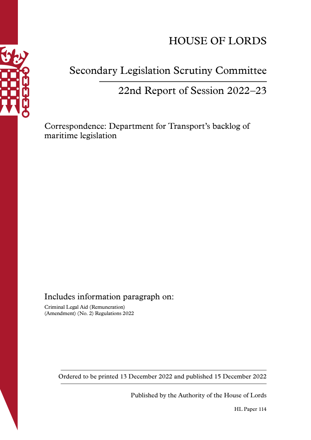Secondary Legislation Scrutiny Committee 22nd Report of Session 2022-23