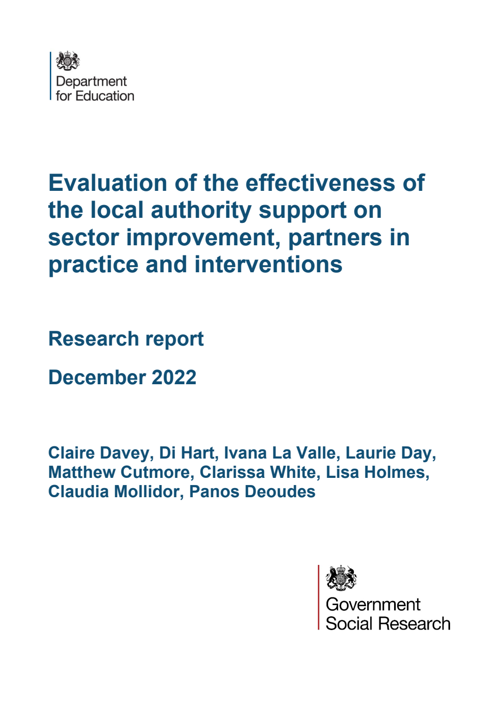 DFE-RR1305 Evaluation of the effectiveness of the local authority support on sector improvement, partners in practice and interventions. Research report. December 2022