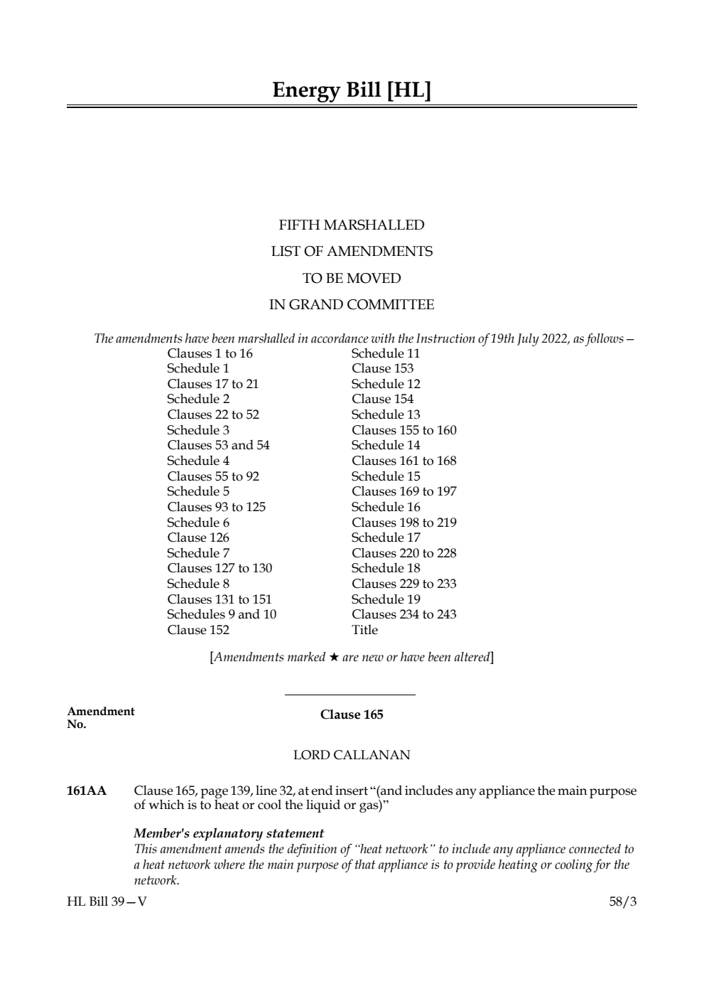 Energy Bill Fifth Marshalled List of Amendments to be moved in Grand Committee