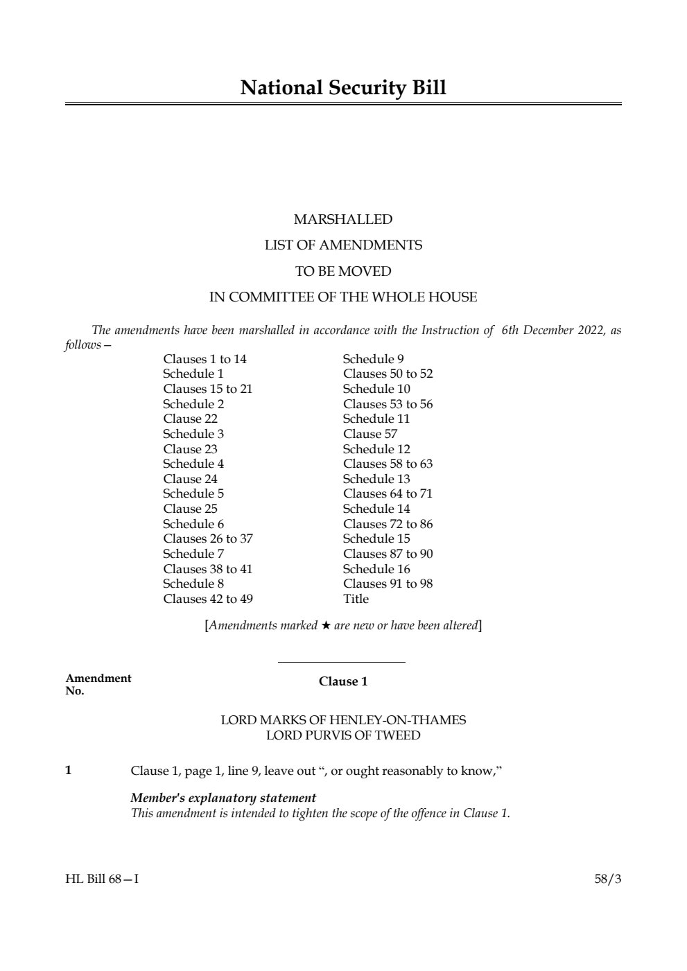 National Security Bill Marshalled List of Amendments to be moved in Committee of the Whole House