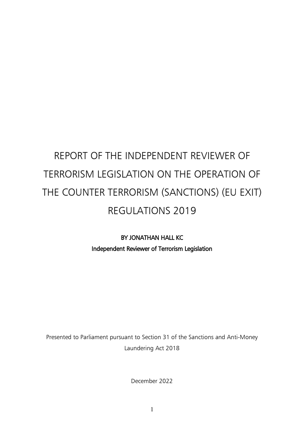 Report of the Independent Reviewer of Terrorism Legislation on the Operation of the Counter Terrorism (Sanctions) (EU Exit) Regulations 2019