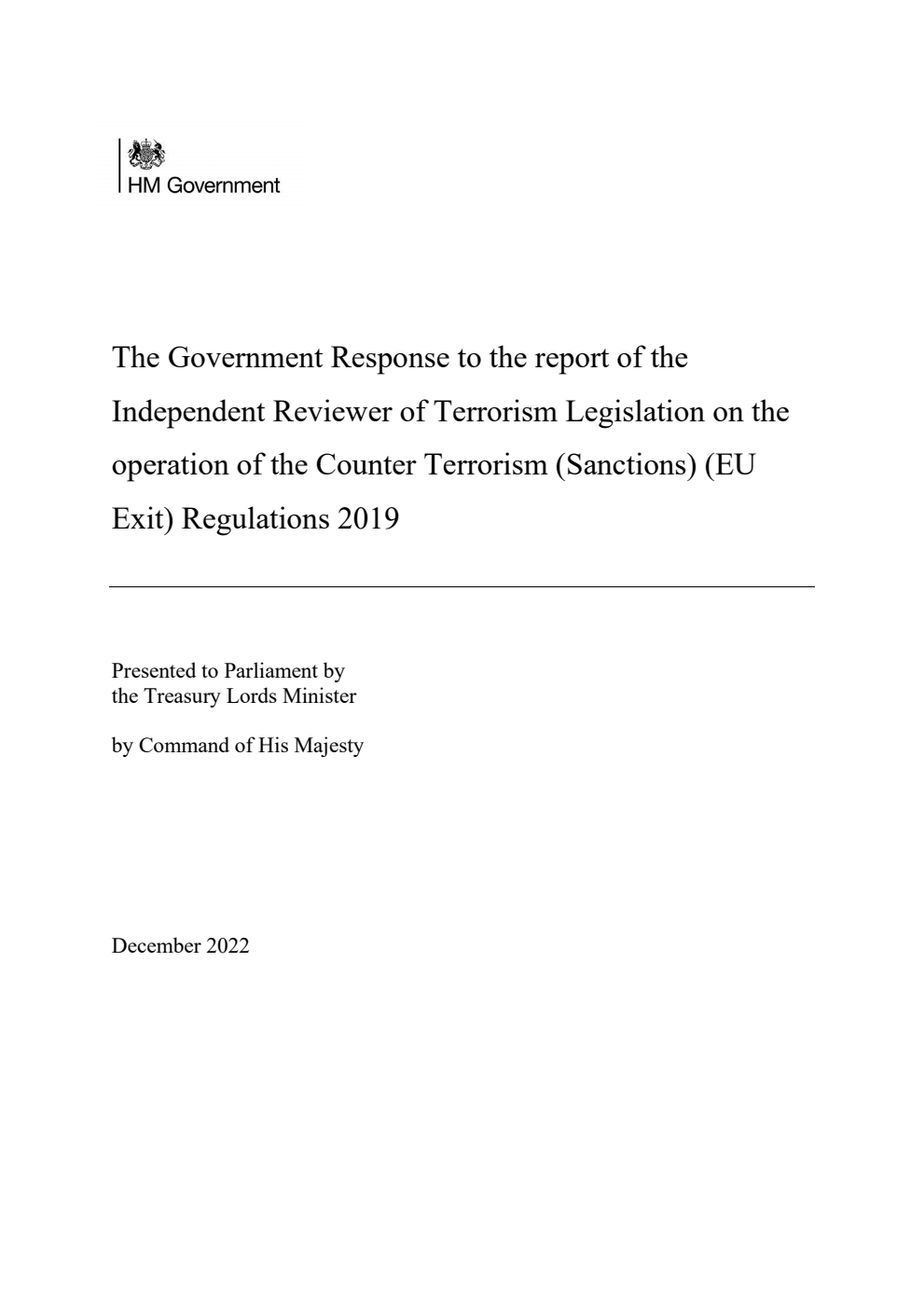 The Government Response to the report of the Independent Reviewer of Terrorism Legislation on the operation of the Counter Terrorism (Sanctions) (EU Exit) Regulations 2019