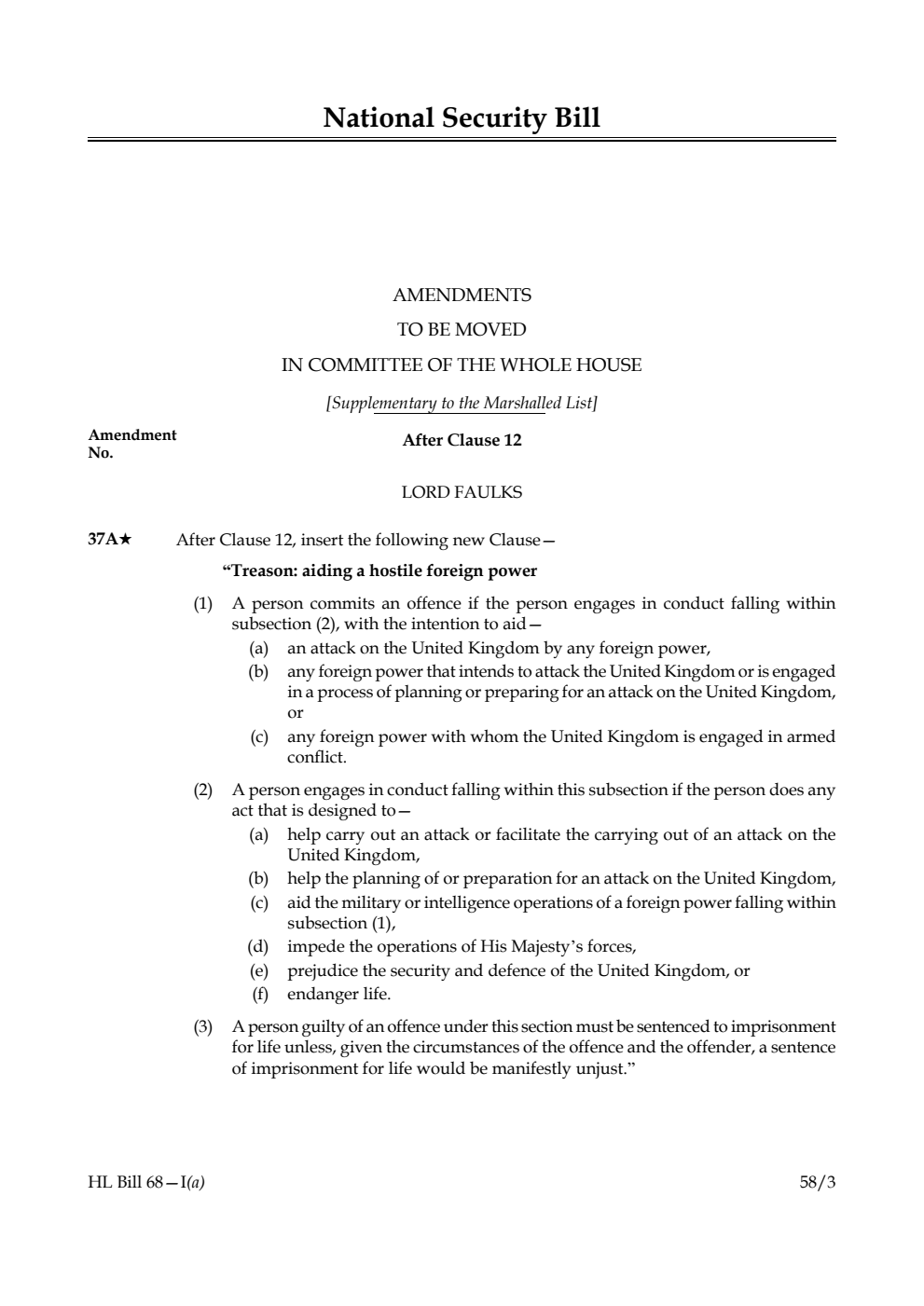 National Security Bill  Amendments to be moved in Committee of the Whole House [Supplementary to the Marshalled List]