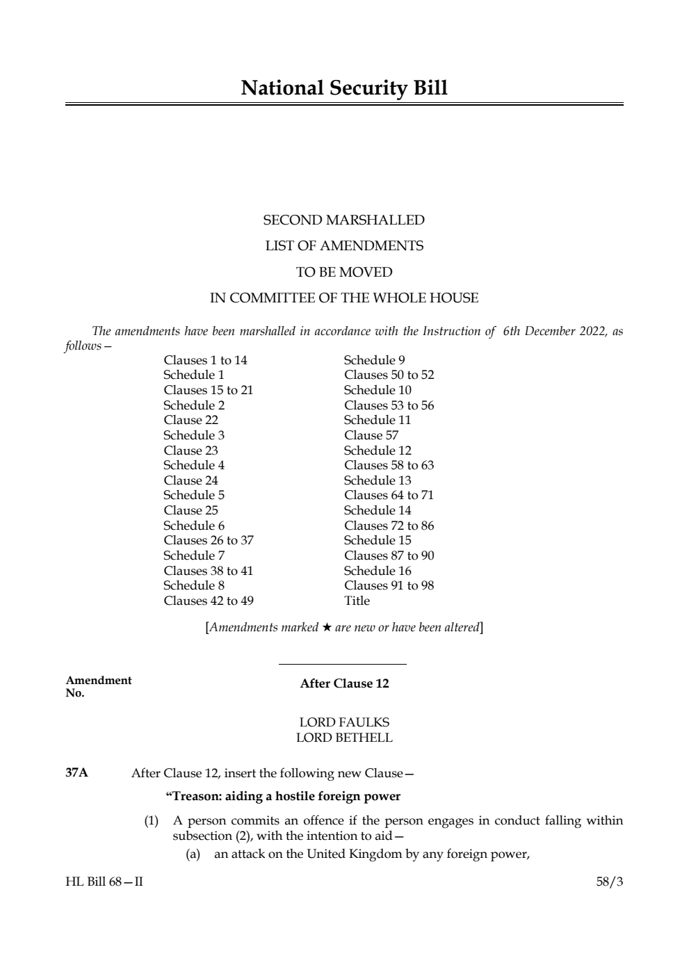 National Security Bill Second Marshalled List of Amendments to be moved in Committee of the Whole House