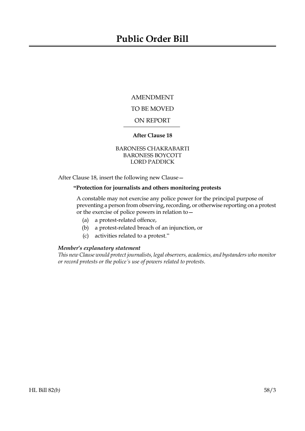 Public Order Bill Amendment to be moved on Report